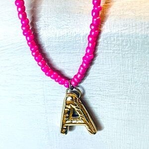 Pink Beaded Necklace with Gold Letter A Pendant